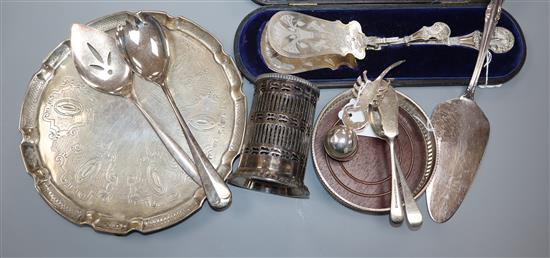 A George II engraved silver salver, London, makers mark struck twice (Richard Bayley), a silver teaspoon and sundry plate,